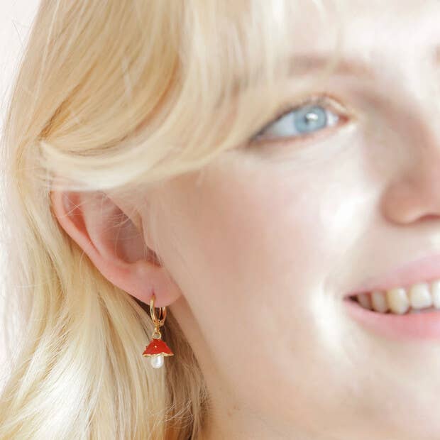 Enamel Toadstool and Pearl Huggie Hoop Earrings