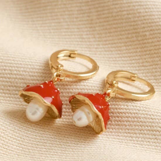 Enamel Toadstool and Pearl Huggie Hoop Earrings