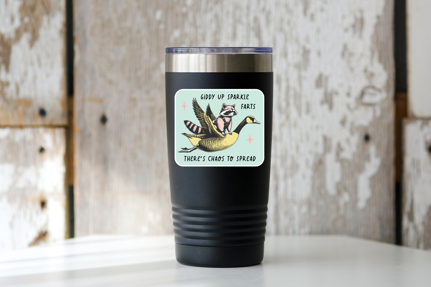 Giddy Up Sparkle Farts Sticker - raccoon, goose, funny, cute