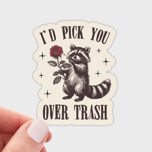 I'd Pick You Over Trash Sticker - raccoon, animal, love
