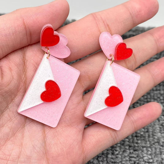 Acrylic Pink Heart Envelope Earrings