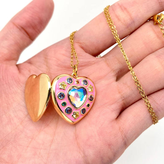 Enamel Pink Heart-Shaped Locket