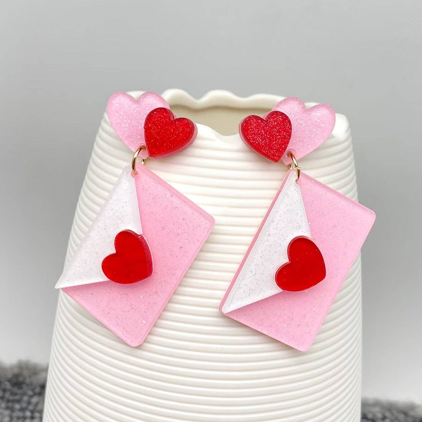 Acrylic Pink Heart Envelope Earrings