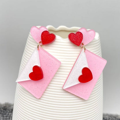 Acrylic Pink Heart Envelope Earrings